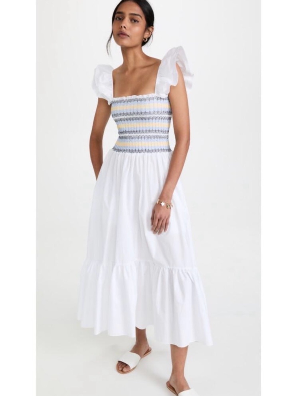 Cara Cara Ruby White Cotton Smocked Poplin Ruffle Midi Dress Size XS NWT